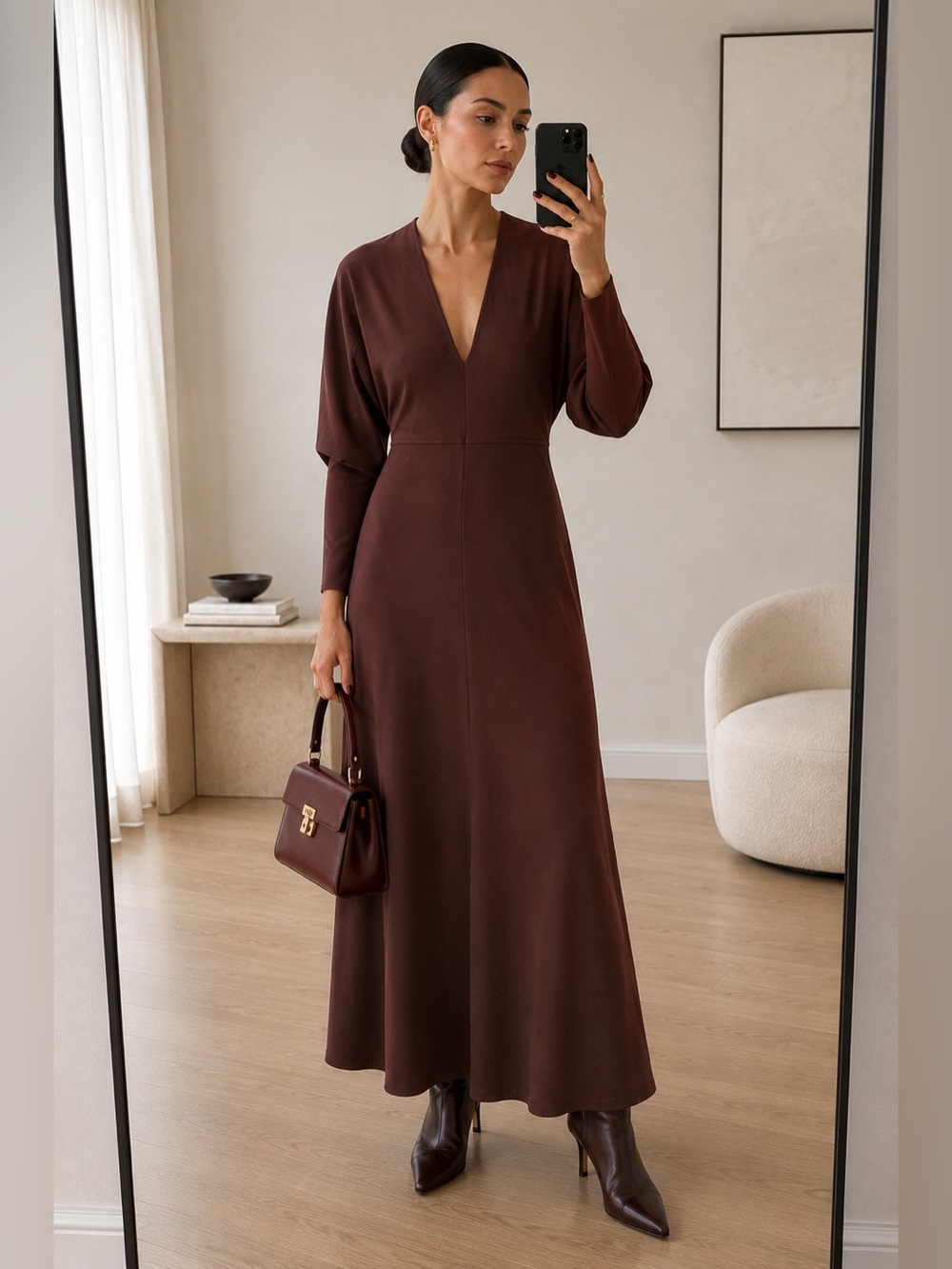 Zara Burgundy Long Sleeve Deep V-Neck Maxi Dress Size Small S NWOT
